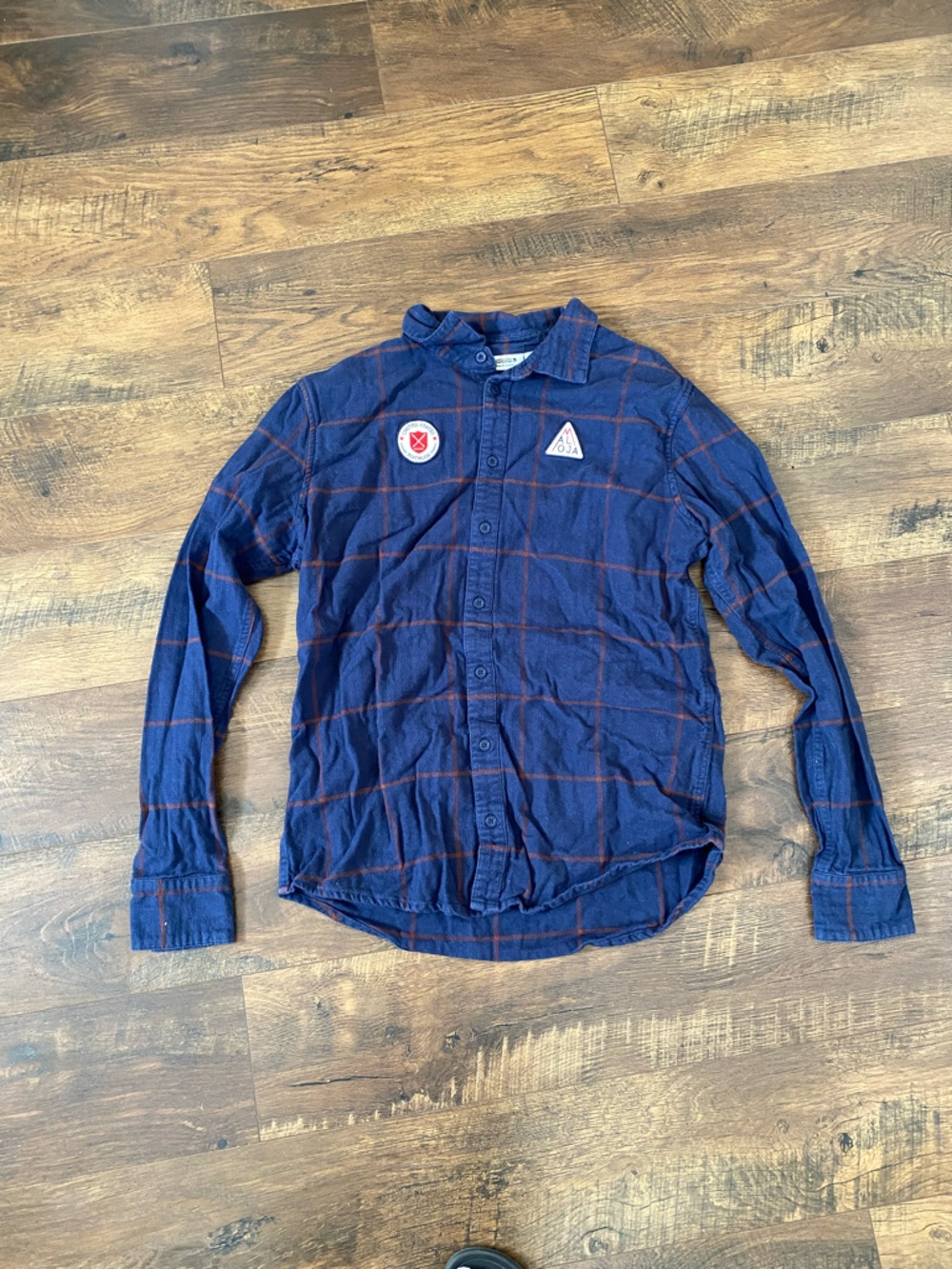 Men's Navy Plaid Button-Down Shirt with Patch Accents
